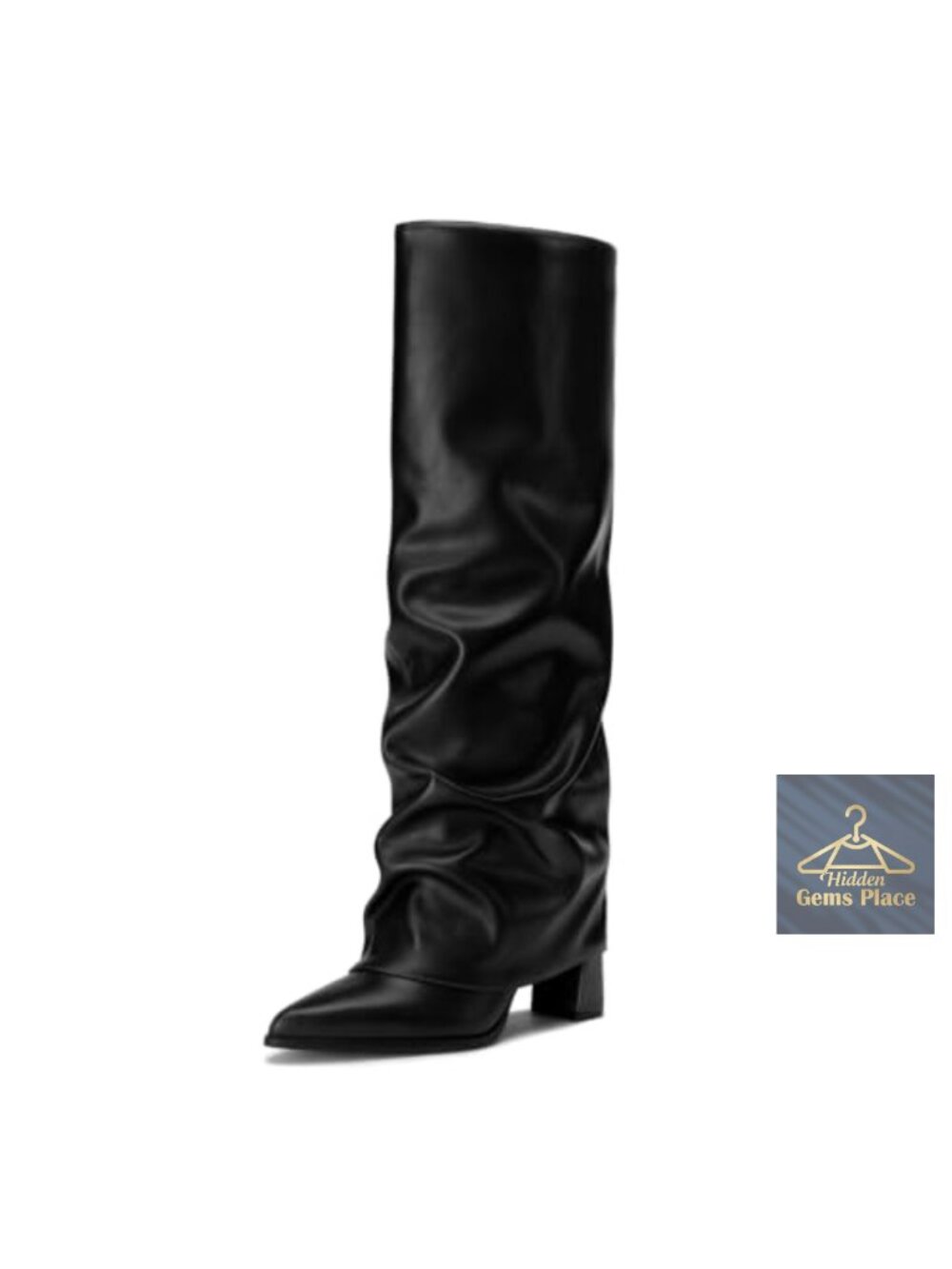 Women's Knee High Fold Over Chunky Heel Slouch Boots Pointed Toe Faux Leather